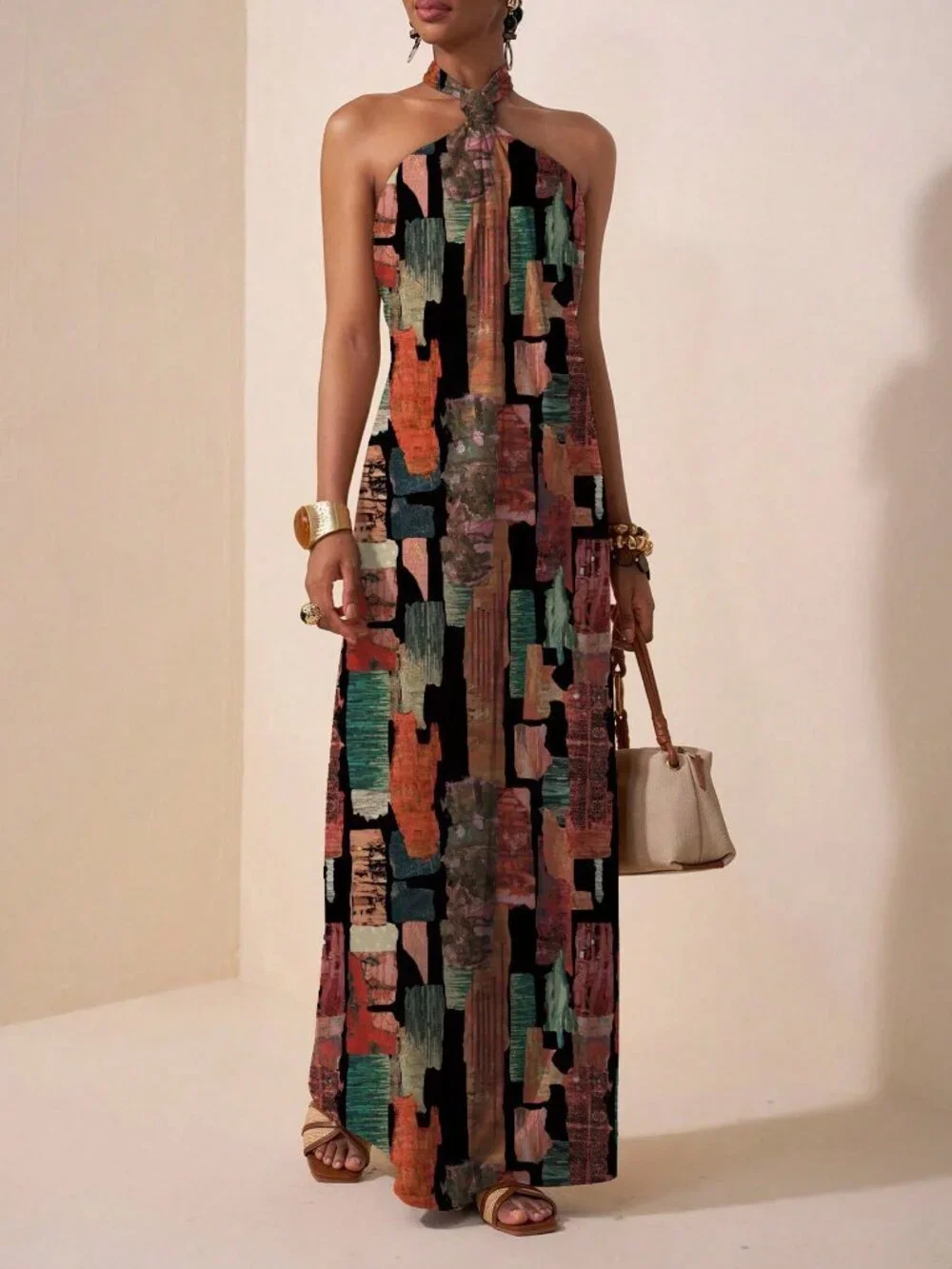 Multicolor Boho Women's Backless Knot Split Thigh Halter Loose Wide Leg Jumpsuit
